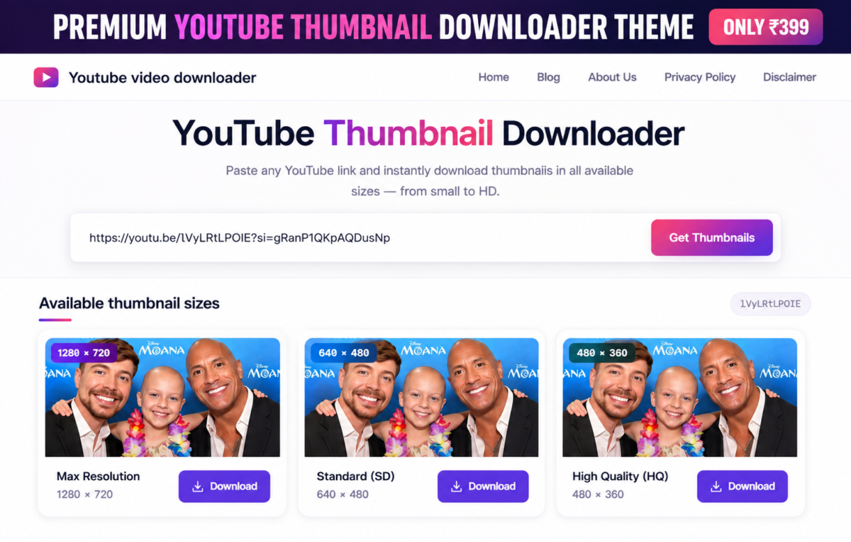 YouTube Thumbnail Downloader WordPress Theme – Free Download Preview