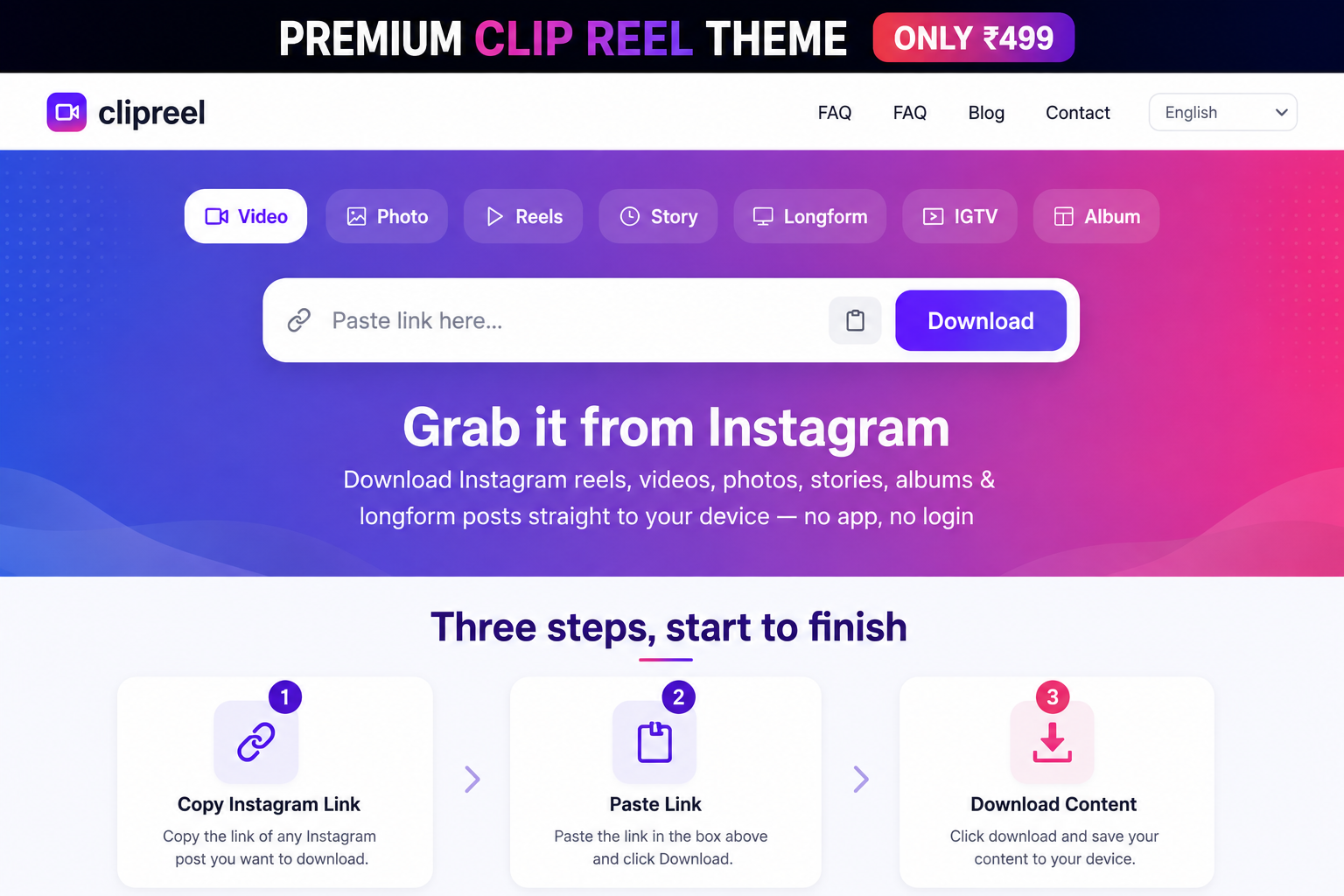 ClipReel Instagram Downloader WordPress Theme - WebTheme.shop